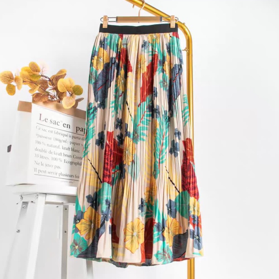 Rok Plisket Prisket Pastel/ Rok Import / Rok Bunga / Maxi Skirt Motif Bunga Floral Kuning