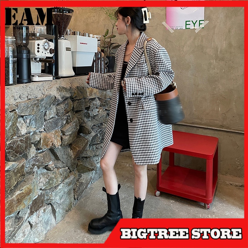 Blazer Wanita Korea Import Eksklusif Black Plaid Big Size Long Blazer New Lapel Long Sleeve Loose Fi