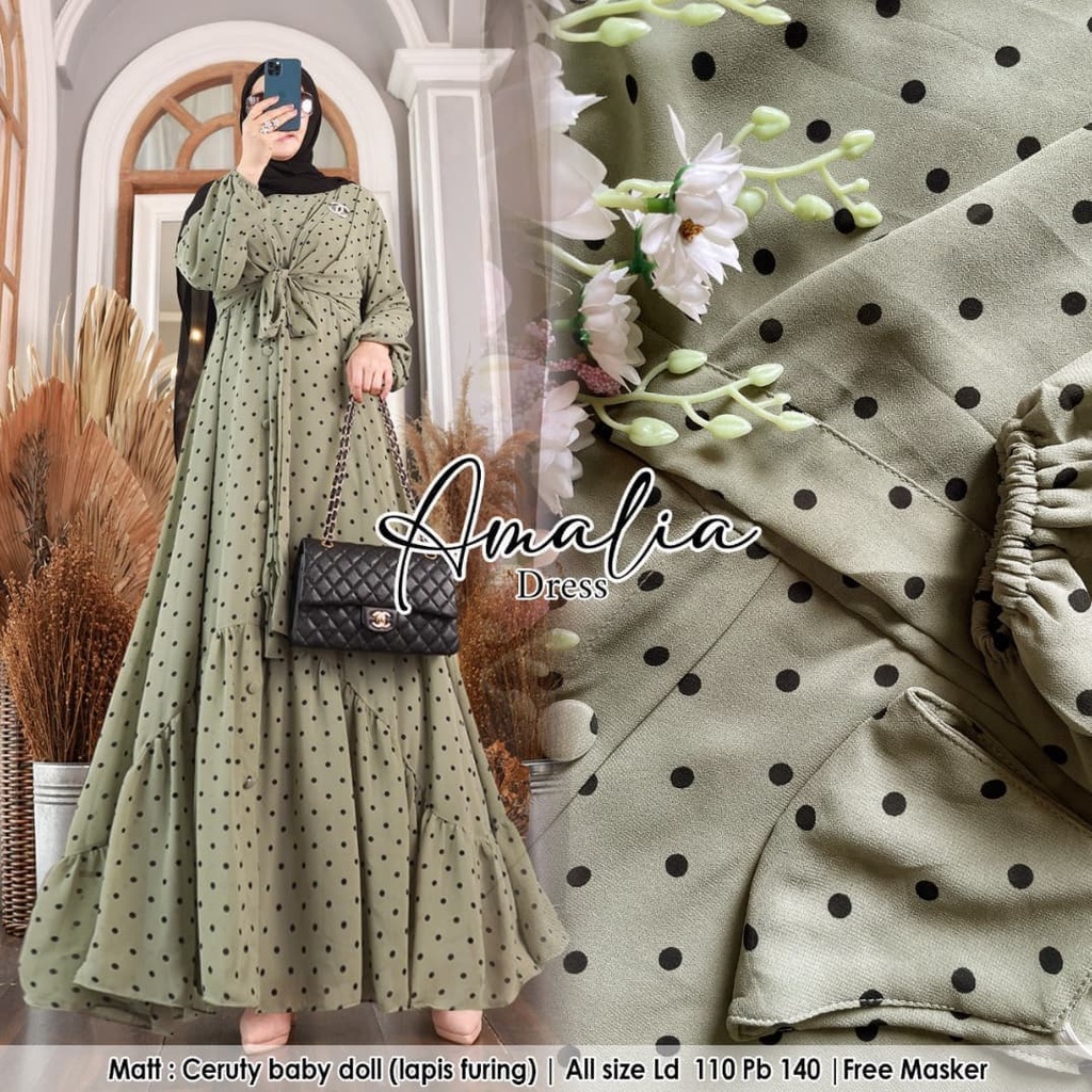 AMALIA DRESS BL CERUTY BABYDOLL FULL PURING LD 110 CM PB 138 CM Motif Polkadot Perempuan Gamis Wanita Terbaru Murah Gaun Dress Kondangan Simple BEST SELLER 2022