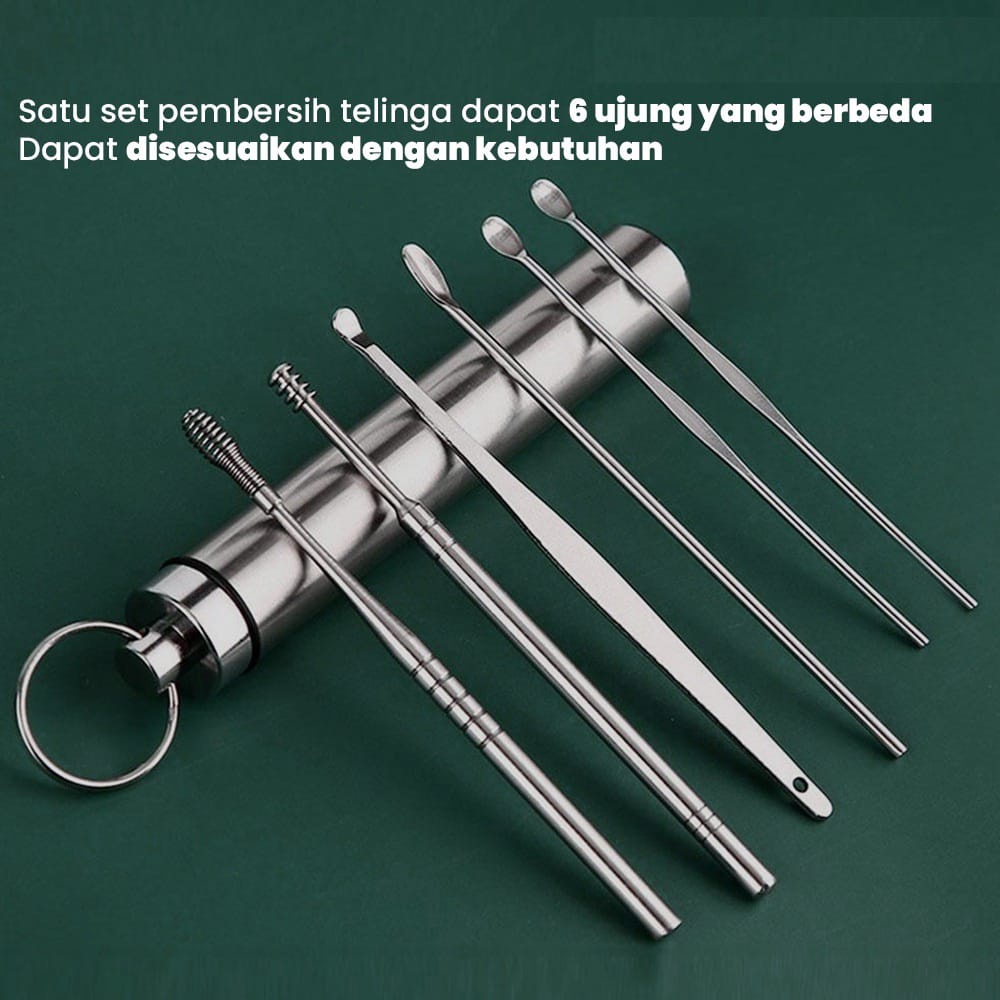 Alat Pembersih Telinga Korek Kuping Spiral Set 7 Pcs Stainless Steel