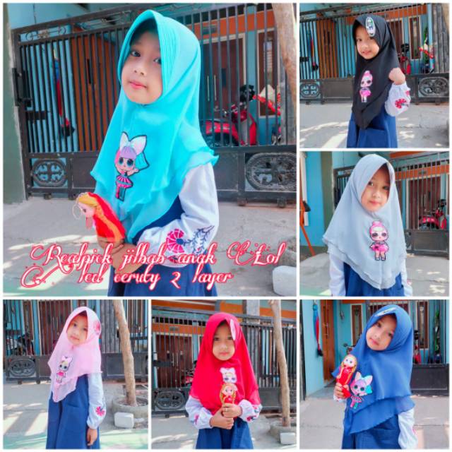 Jilbab anak LED motif LOL bahan ceruti 2 layer