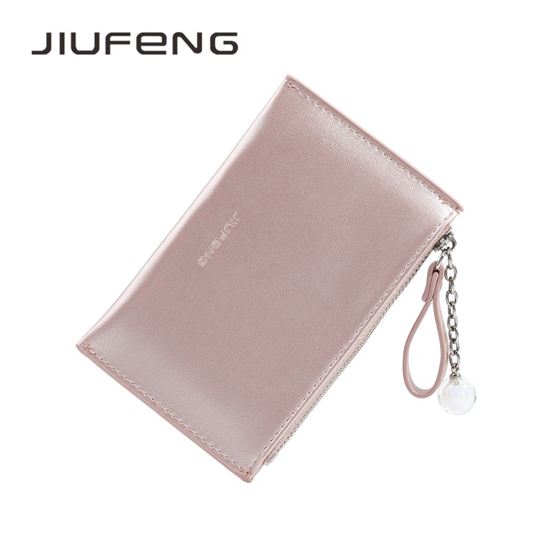 JIUFENG Dompet Kartu Bahan PU Aneka Warna Aksen Ritsleting untuk Wanita