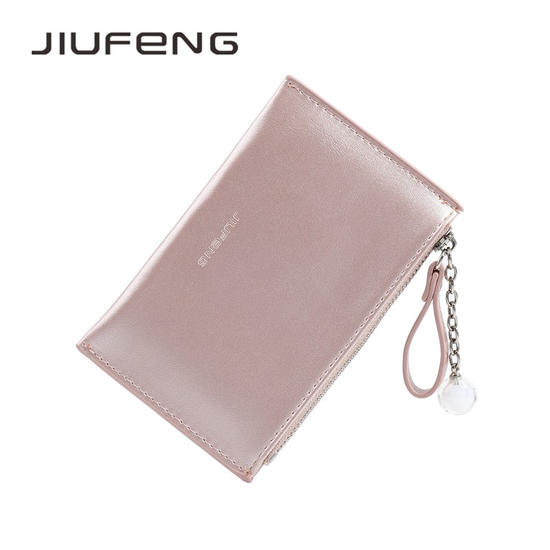 JIUFENG Dompet Kartu Bahan PU Aneka Warna Aksen Ritsleting untuk Wanita