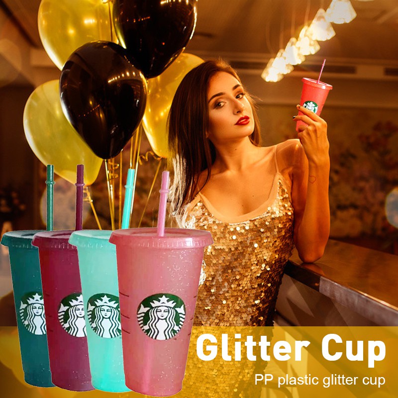 1 / 5 Set Gelas Tumbler Starbucks Bahan Plastik Reusable Dengan Tutup Dan Sedotan 24 Fl Oz Untuk Pesta