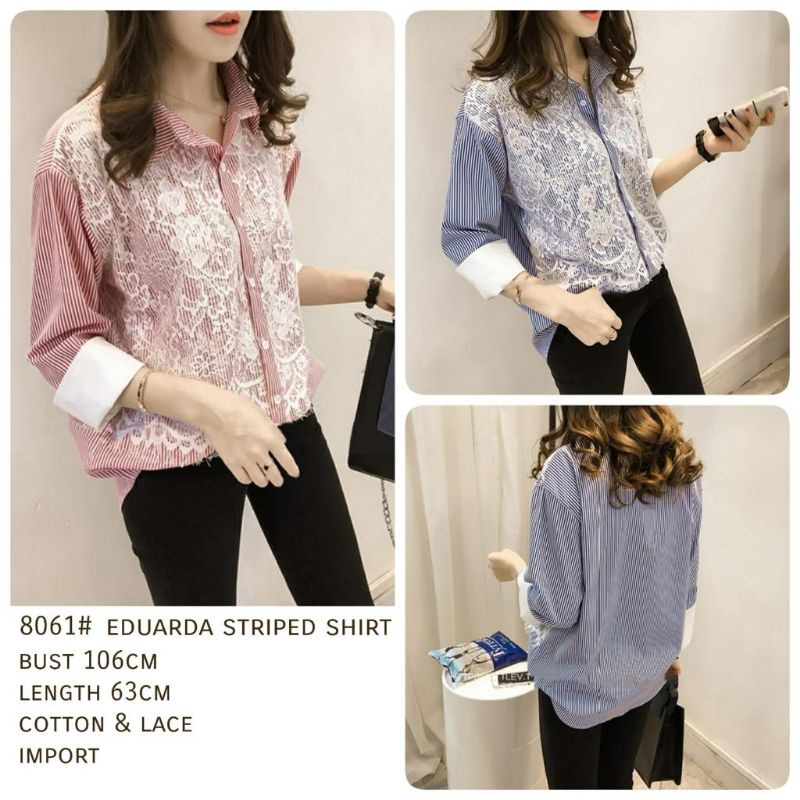 MDLV ~ 8061 Eduarda Striped Shirt Kemeja Lace Premium Kemeja Import Fashion Import