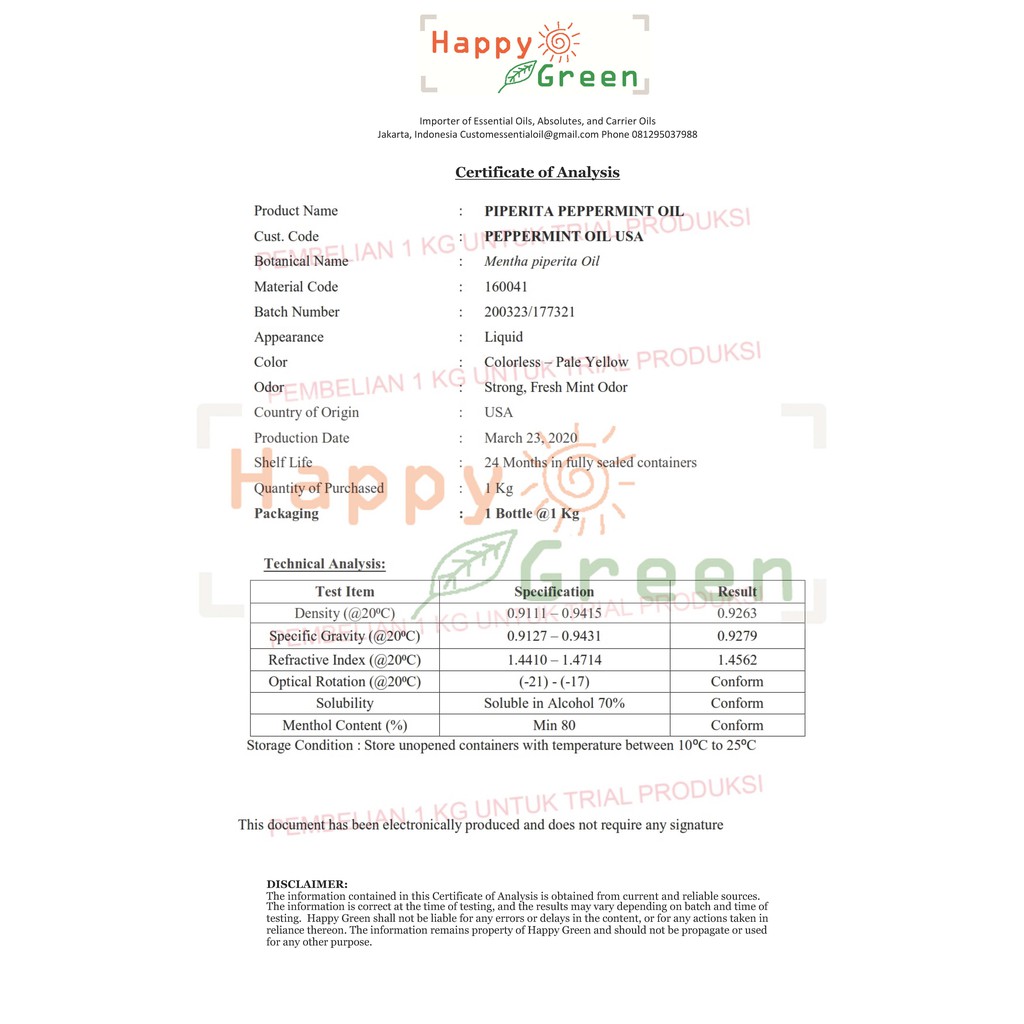 Happy Green USA Peppermint Essential Oil - Minyak Peppermint Origin USA