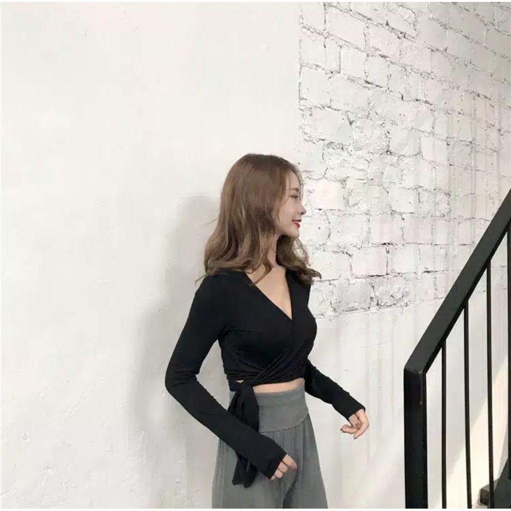 Long Sleeve V-Neck Crop Top T-Shirt Atasan Lengan Panjang 1190 (XS-XL)