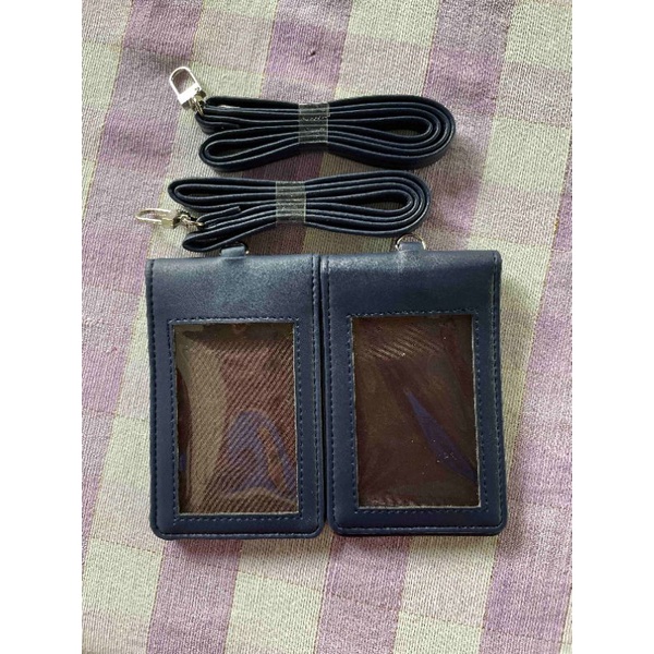 

Id card nametag kulit magnet navy dua sisi transparant plus tali kulit navy