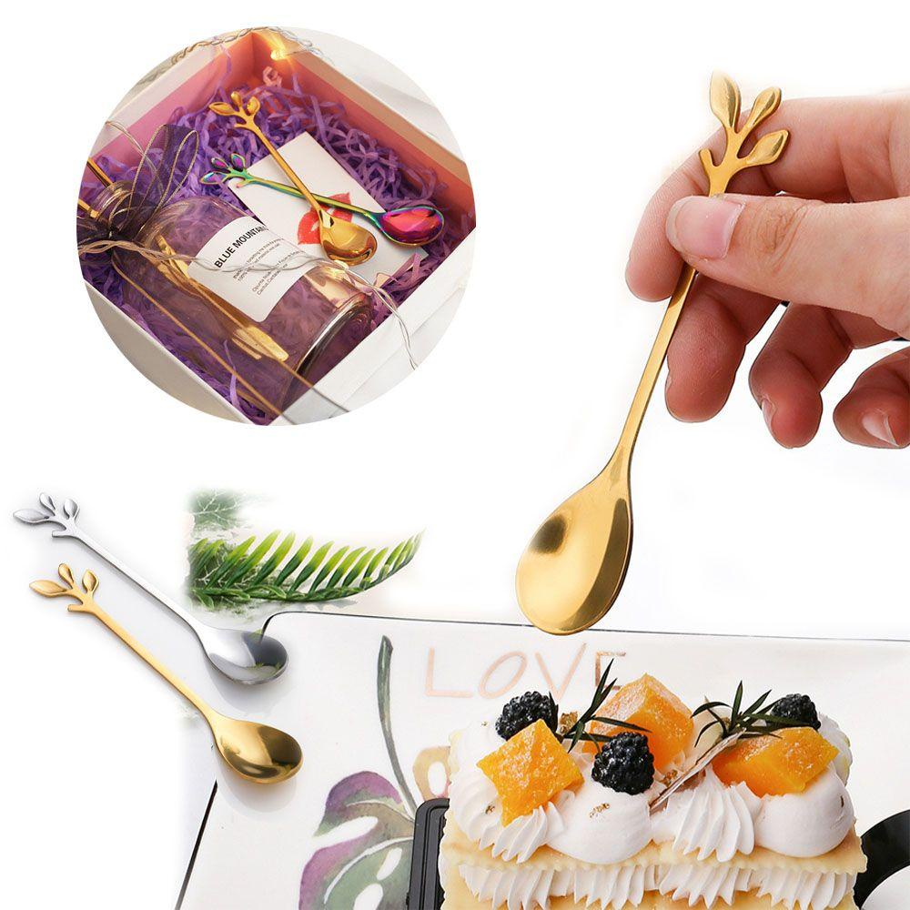 SOLIGHTER Dessert Coffee Spoon Kitchen Gadgets Stainless Steel Tea Scoop Honey Utensils Gift Stirring Tool Household Small Leafs Upscale Dinnerware/Multicolor