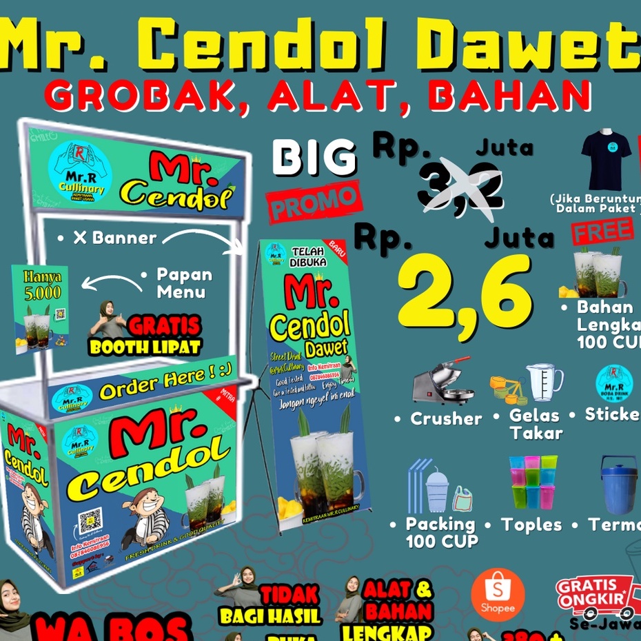 

Mr.CENDOL NEW|| MR.R CULLINARY (FRANCHAISE,PAKET USAHA,KEMITRAAN) GROBAK/BOOTH PORTABLE,ALAT LENGKAP, DAN BAHAN BAKU UTAMA