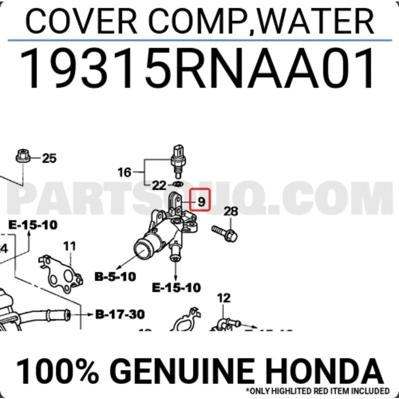 19315 RNA RNC  Original Cover Tutup Water Outlet Elbo Honda Civic FD1 1800cc 2006-2011 CRV GEN 3 RE1 2000cc 2007-2012