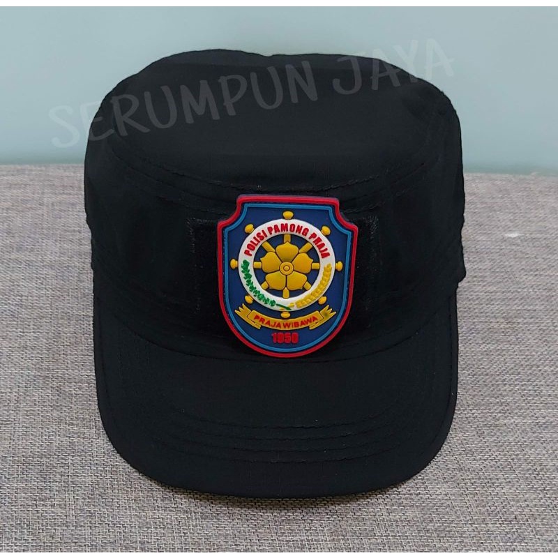 TOPI KOMANDO SATPOL PP LOGO BIRU - TOPI SATPOL PP KOMANDO VELCRO HITAM 2 PATCH