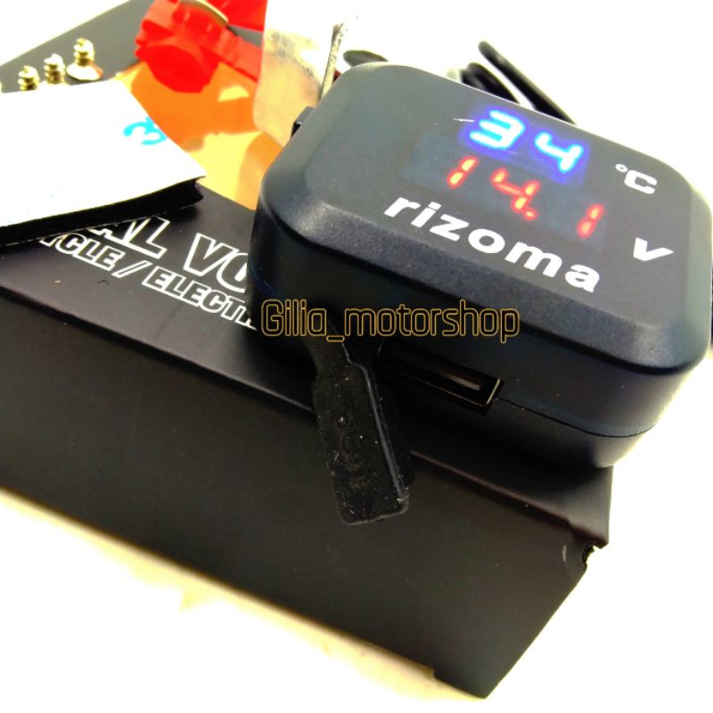 Voltmeter Digital 2 in 1 suhu voltmeter +USB Rizoma LED Kotak Universal