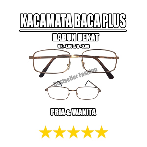 Kacamata Baca Plus (+) Uk. +1.00 s/d +3.00 Unisex Rabun Dekat Frame Besi Gold Pria/Wanita Murah NOCASE