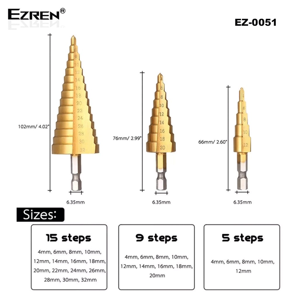 Ezren EZ-0051 3pcs Mata Bor Step Drill Lapis Titanium Cone Pagoda