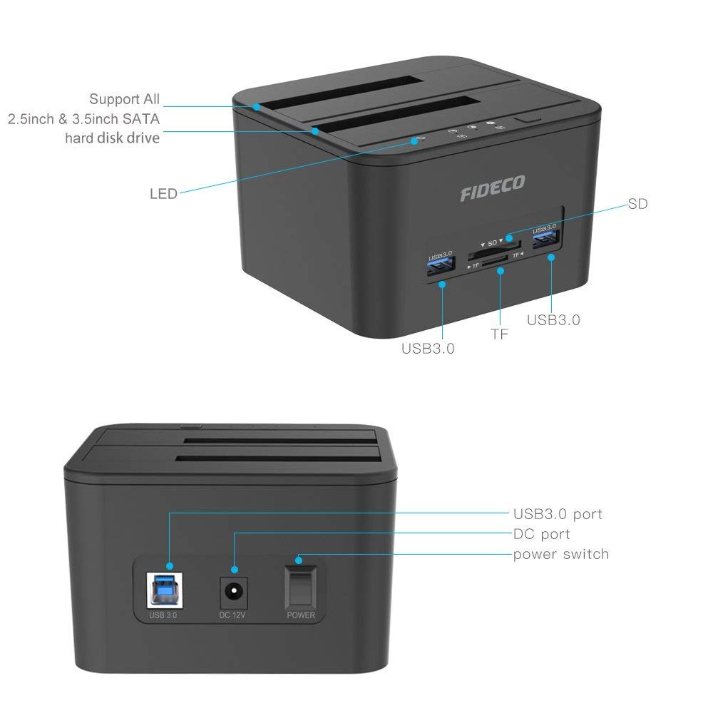 Docking Harddisk SSD 2 Bay Sata USB3.0 HUB Card Reader FIDECO YPZ04