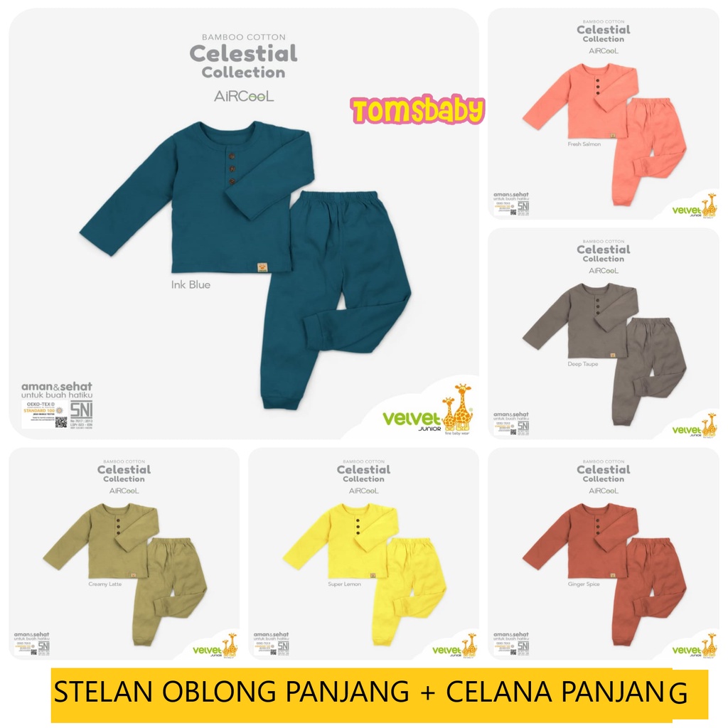 VELVET JUNIOR (1stel) Stelan Baju OBLONG PANJANG (Kancing Dada) + CELANA PANJANG Celestial Bamboo Polos Warna Earth Series