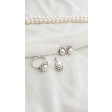 Set Perak Lapis Emas putih Mutiara Air Tawar Super Asli