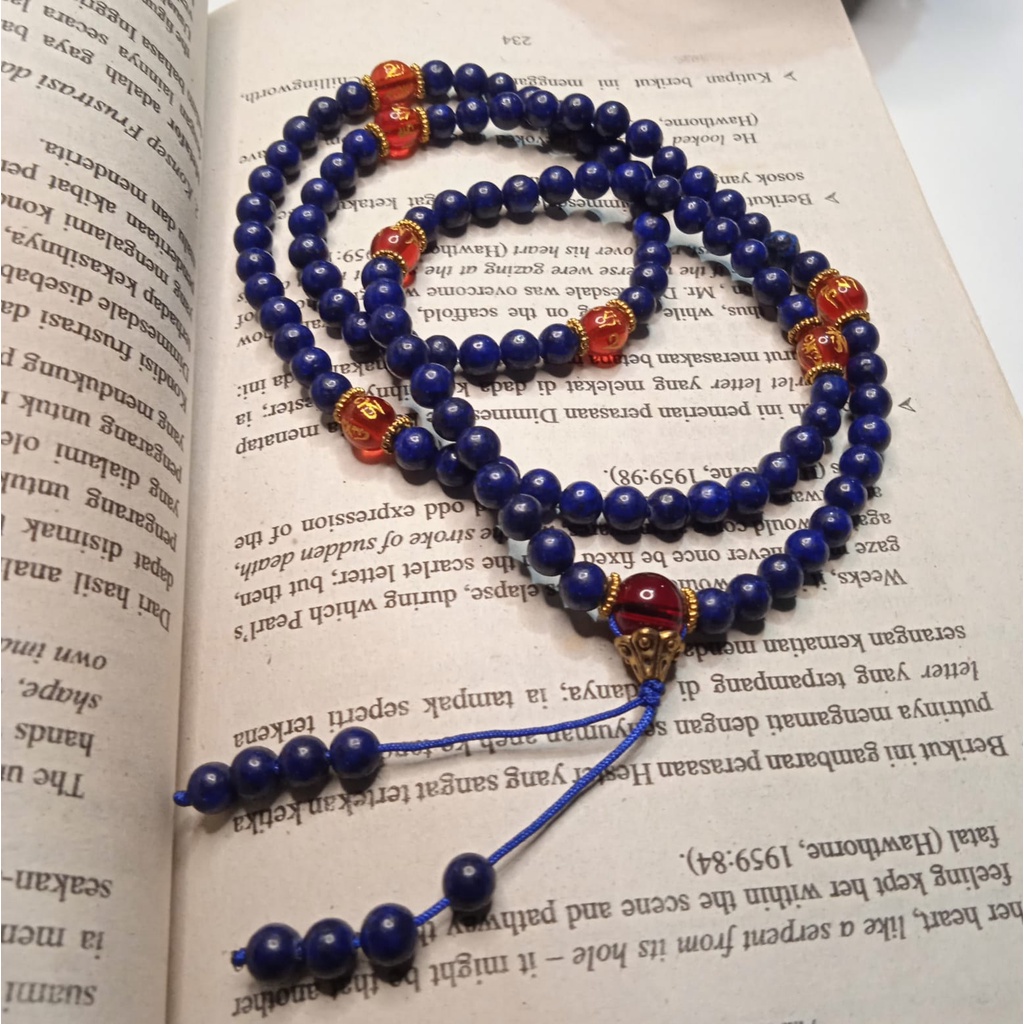 Kalung Tasbih Japamala 108 Batu Lapis Lazuli Kombinasi Batu Mantra Merah