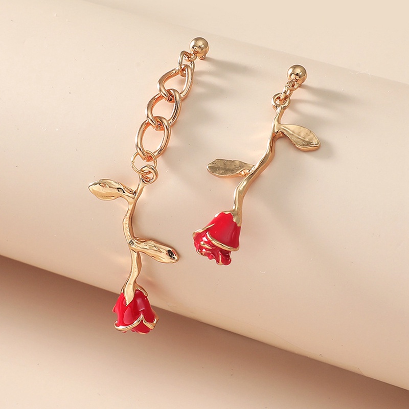 Anting Juntai Bentuk Bunga Mawar Merah Aksen Berlian Imitasi Gaya Vintage Untuk Wanita