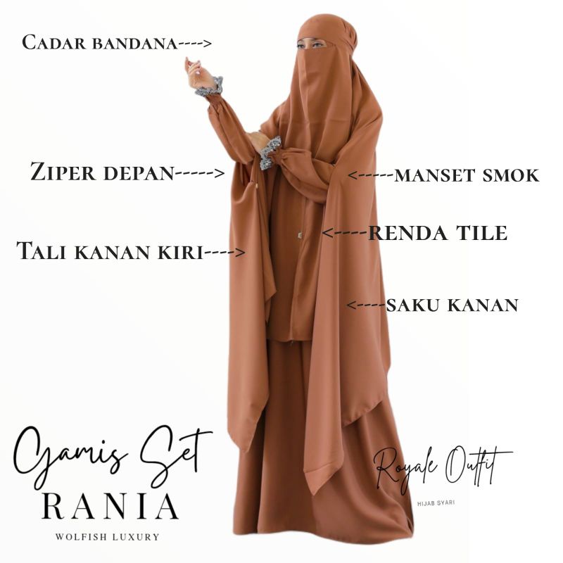 Rania Syari|gamis akhwat |gamis set khimar cadar|cadar bandana|gamis wolfish|ori royale to