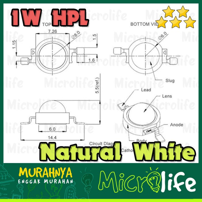 1 Watt Natural White 4000 - 4500 K 3.2v 33 mil Putih Natural HPL