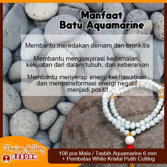 Tasbih / Mala Buddha 108 Batu Aquamarine 6 mm White Kristal Putih Cutt