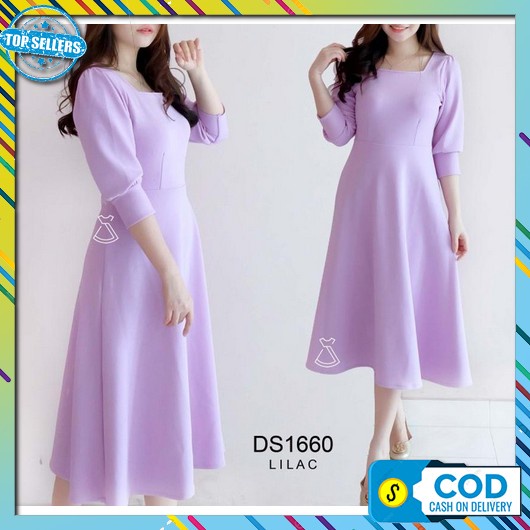 Dress Jassy Midi Casual Gaun Pesta Elegan Ds1660 - Dress Midi Scuba Dress Pesta Wanita Flare - Lilac