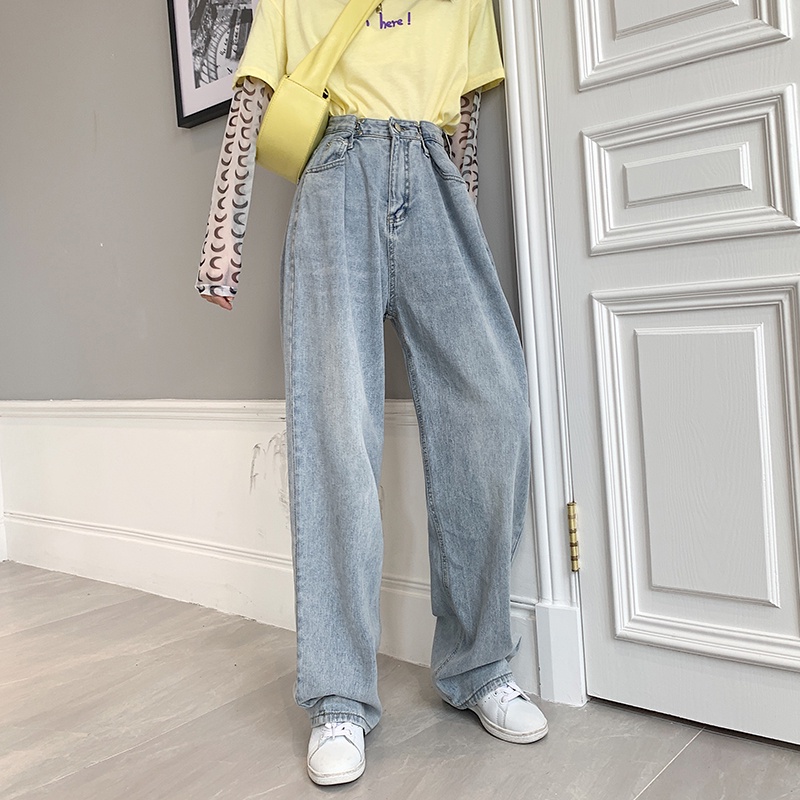 Korean New Women's Loose High Waist Wide Leg pengait celana Jeans