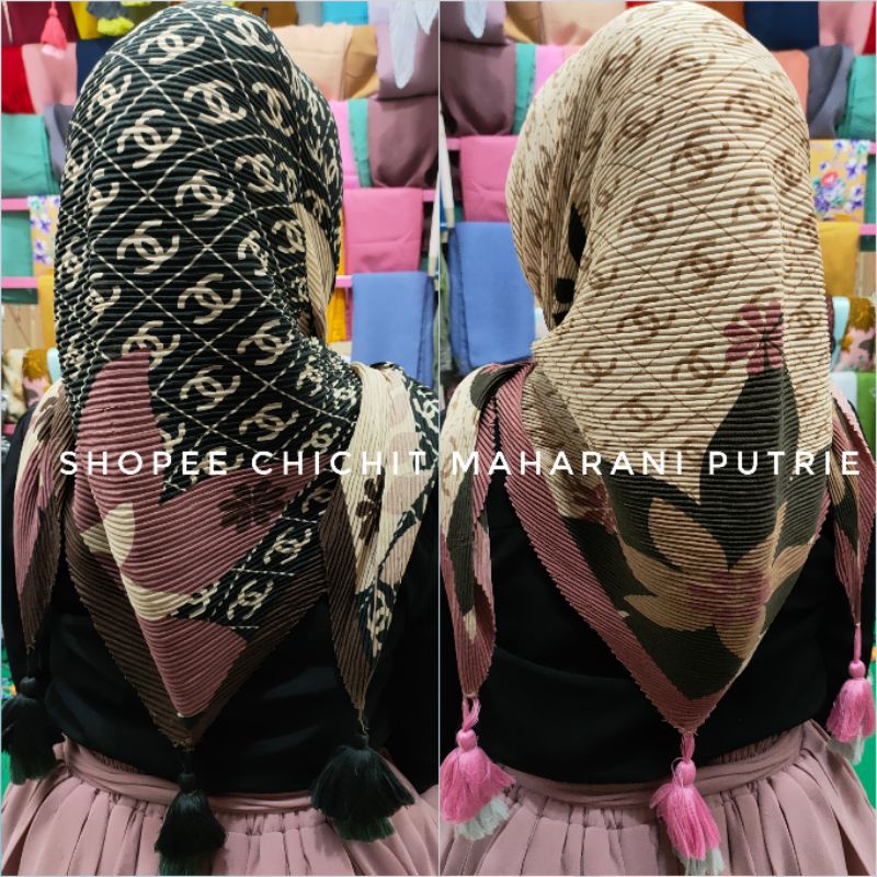 jilbab segi empat plisket jambul/segi empat plisket motif/plisket motif/jilbab plisket pom pom/segi 