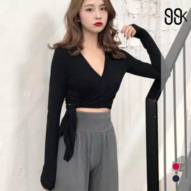 Long Sleeve V-Neck Crop Top T-Shirt Atasan Lengan Panjang 1190 (XS-XL)