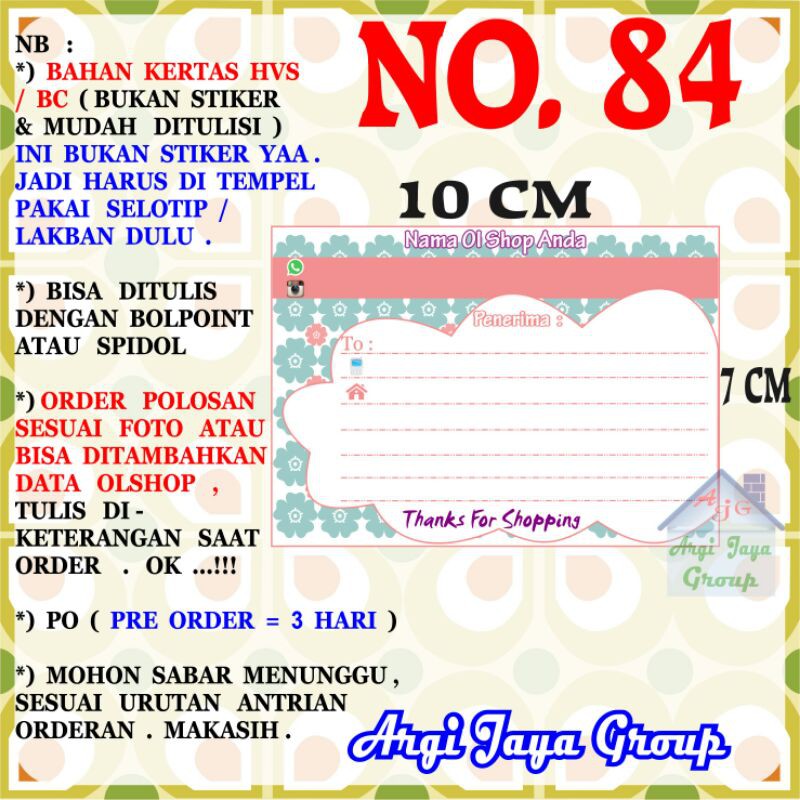 

Label Pengiriman Alamat Olshop Murah Nomer 84 - 10x7cm - Kertas BC (Manila)