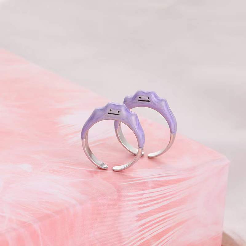 Cincin Desain Wajah monster Tersenyum Warna Ungu Gaya Korea