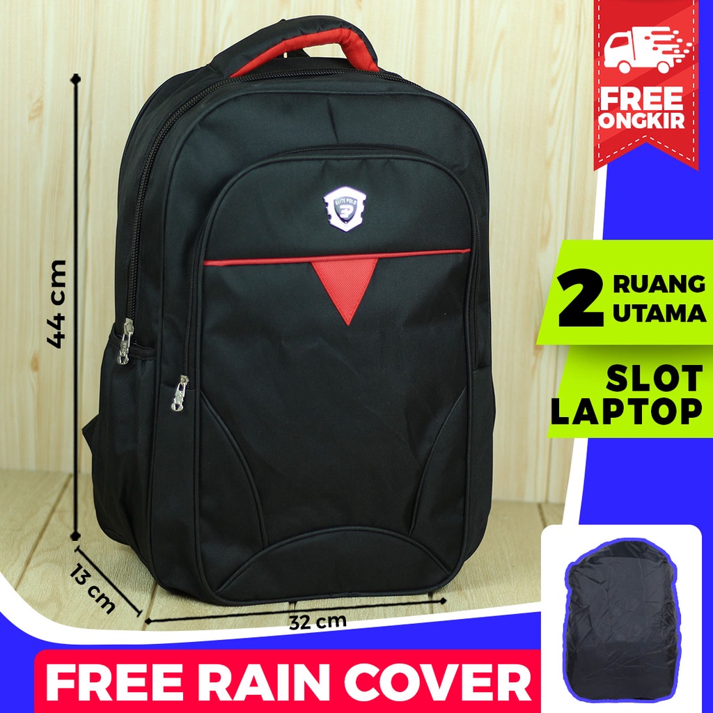 Ransel Pria Gendong Polo Segitiga Merah Tas Laptop Hitam Tebal Bonus Raincover Elite Polo Punggung Pria Ransel Hitam Sekolah Kerja Termurah