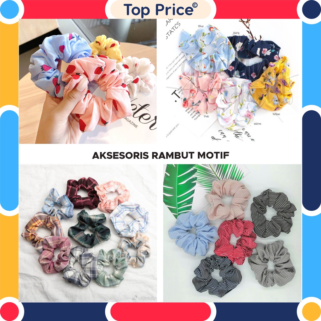 Topprice COD Ikat Rambut Motif Strawberry Aneka Warna Karet Scrunchie Rambut AW19 / AW20 / AW29 / AW30