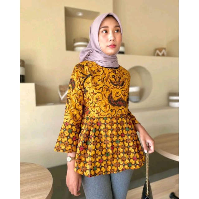 blus batik murah kuning kunyit atasan batik wanita murah kemeja batik wanita murah