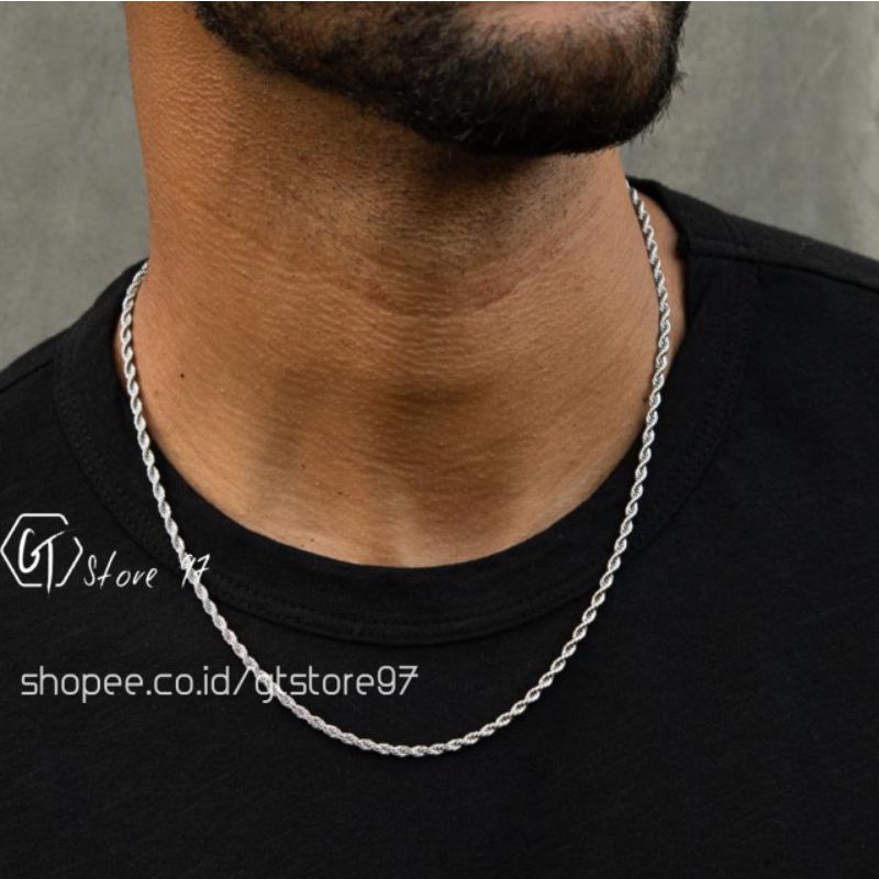 Kalung Pria Titanium Anti Karat Rantai Asli Silver Emas Putih Cowok Cewek Keren Besi Putih Rante Ulir Tambang Stainless Steel Cowo Cewe