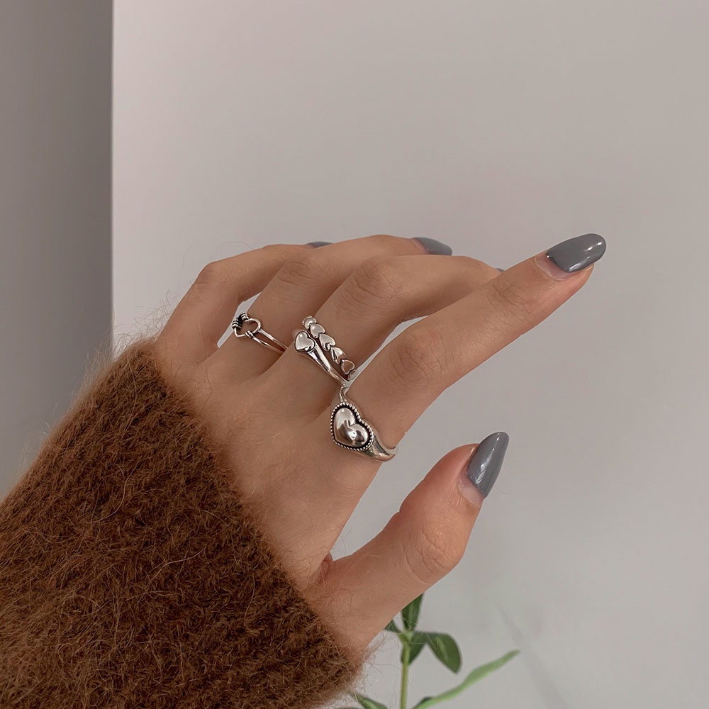 Cincin Handmade Bentuk Hati Model Terbuka Warna Silver Gaya Retro Untuk Wanita