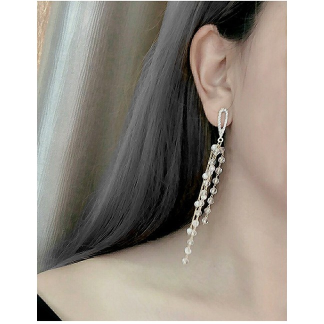 LRC Anting Tusuk Fashion Diamond And Pearl Crystal Tassel Earrings  K04151