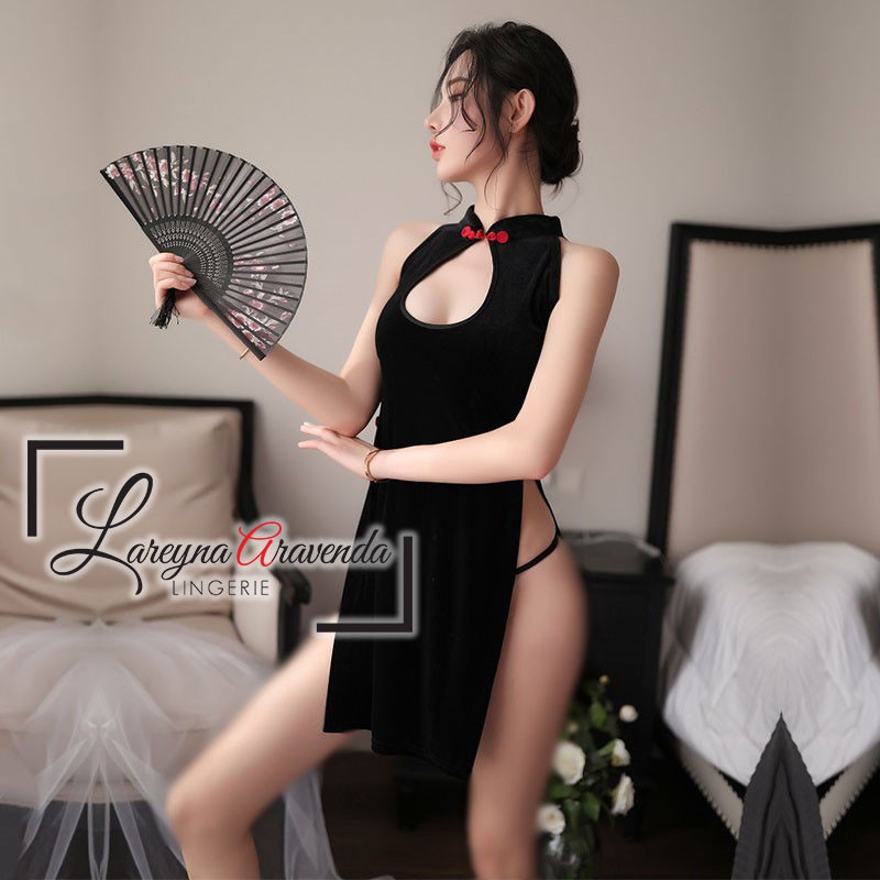 Set Lingerie + G String Seksi Model Cosplay Cheongsam Beludru LG262