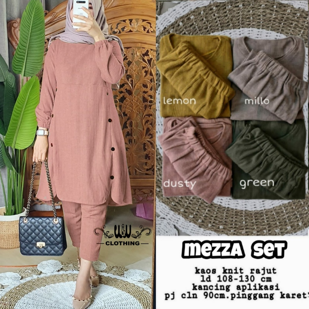 Mezza One Set Setelan Rajut Jumbo Ld 130 Setcel Tunik Celana Polos Big Size XXXL Celana Karet Pingga