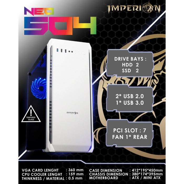 PC Case Gaming Imperion tempered glass Neo 504 - Casing Komputer