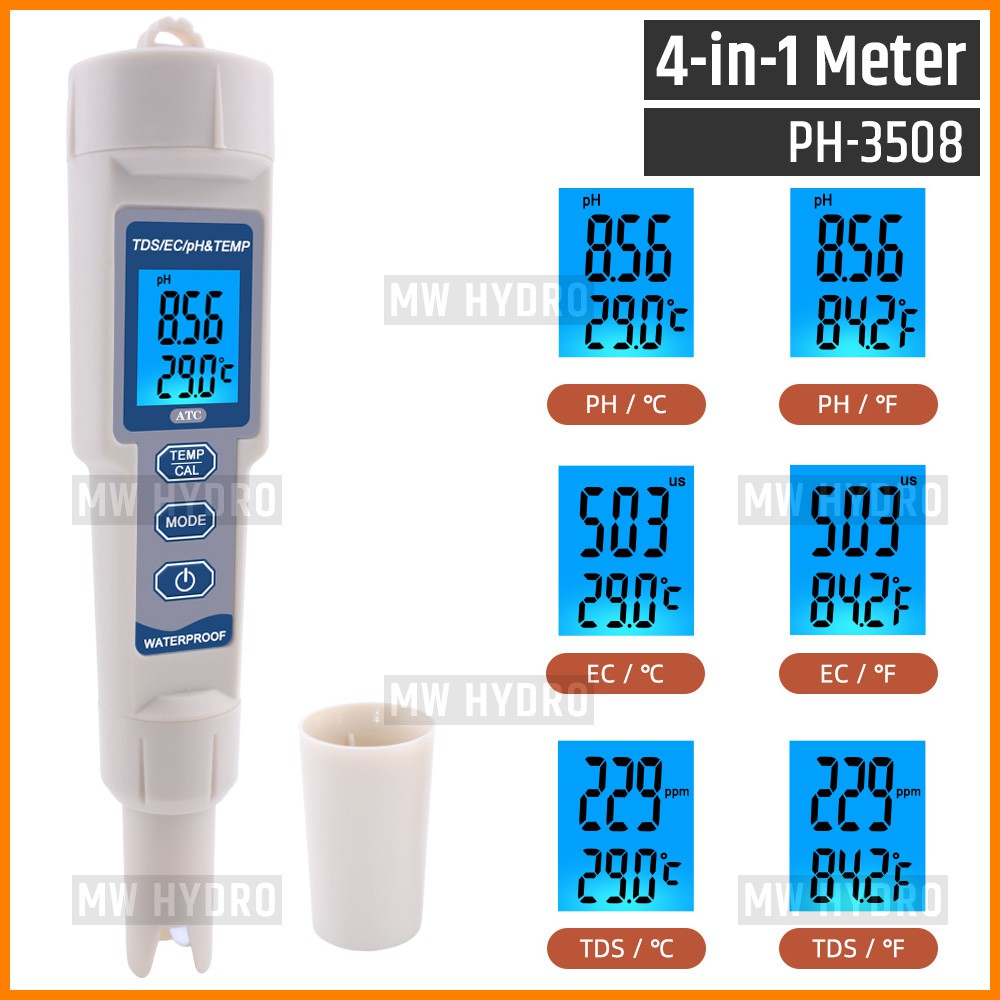 PH TDS EC Temperature, 4-in-1 Meter, Waterproof Backlight, PH-3508