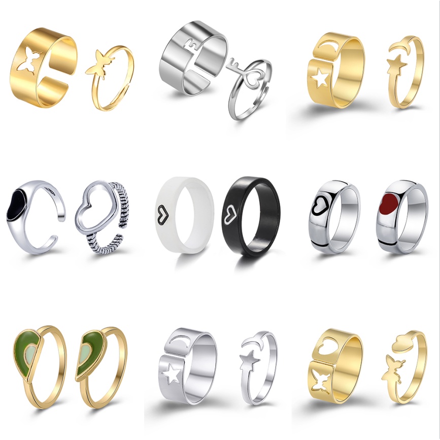 YEEZII Set Cincin Desain Kupu-Kupu Hati Hollow Warna Emas Silver Gaya Retro Untuk Wanita