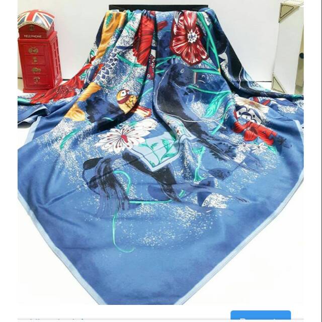 Hijab Segiempat katun satin glossy premium bunga biru laut