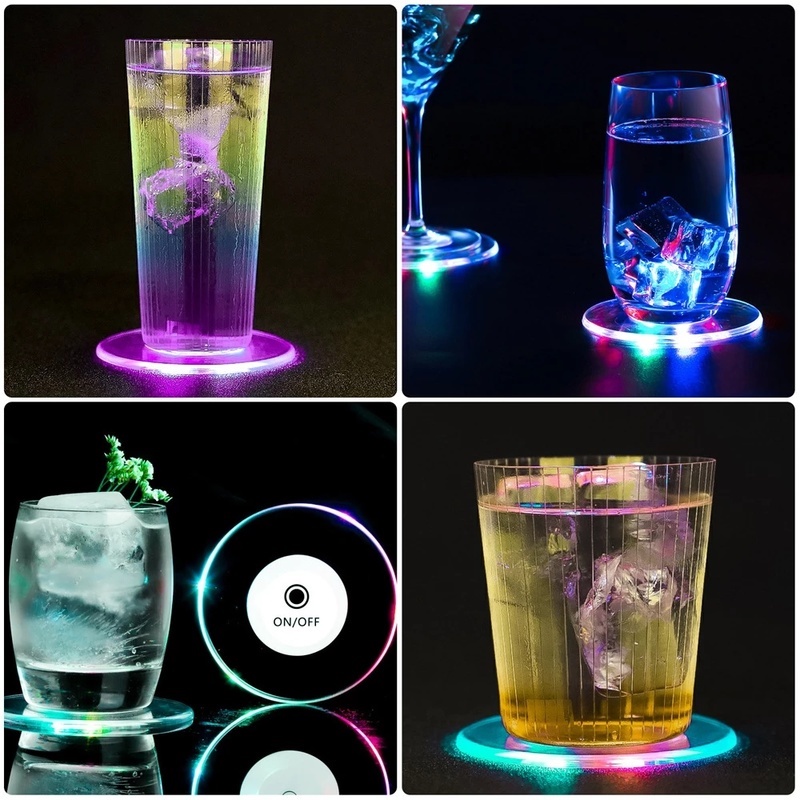 Tatakan Gelas Cocktail / Teh Bentuk Bulat / Kotak Bahan Akrilik Transparan Anti Air Dengan Lampu LED 7 Warna