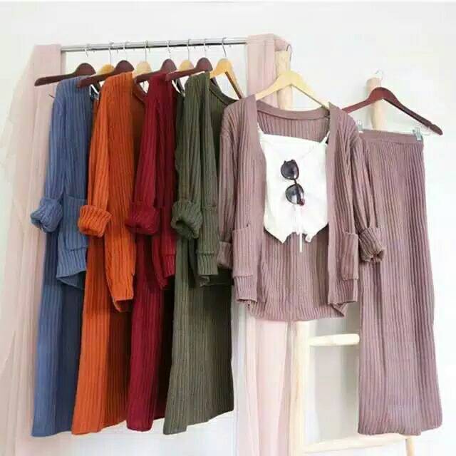 SETELAN RAJUT CARDY / SETELAN REMAJA WANITA 2IN1 / SETELAN RAJUT WANITA / PAKAIAN SET /CARDIGAN  KEKINIAN / ROK RAJUT KOREA