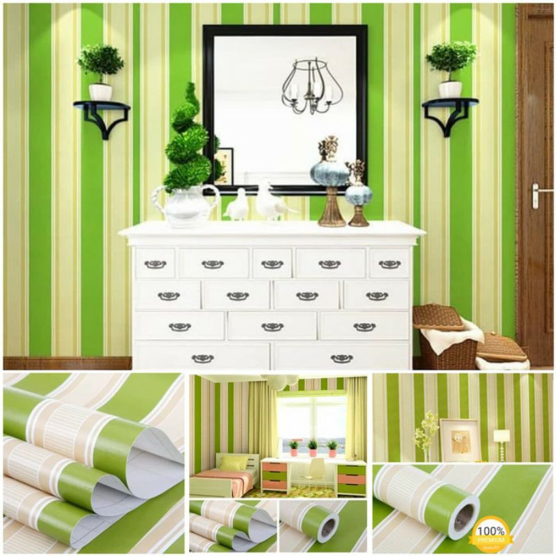 Wallpaper Sticker Dinding Garis Hijau Muda Mewah Dekorasi rumah