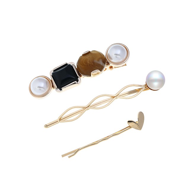 LRC Jepit Rambut Fashion Gold Alloy Pearl Geometric Hair Clip Set F57370