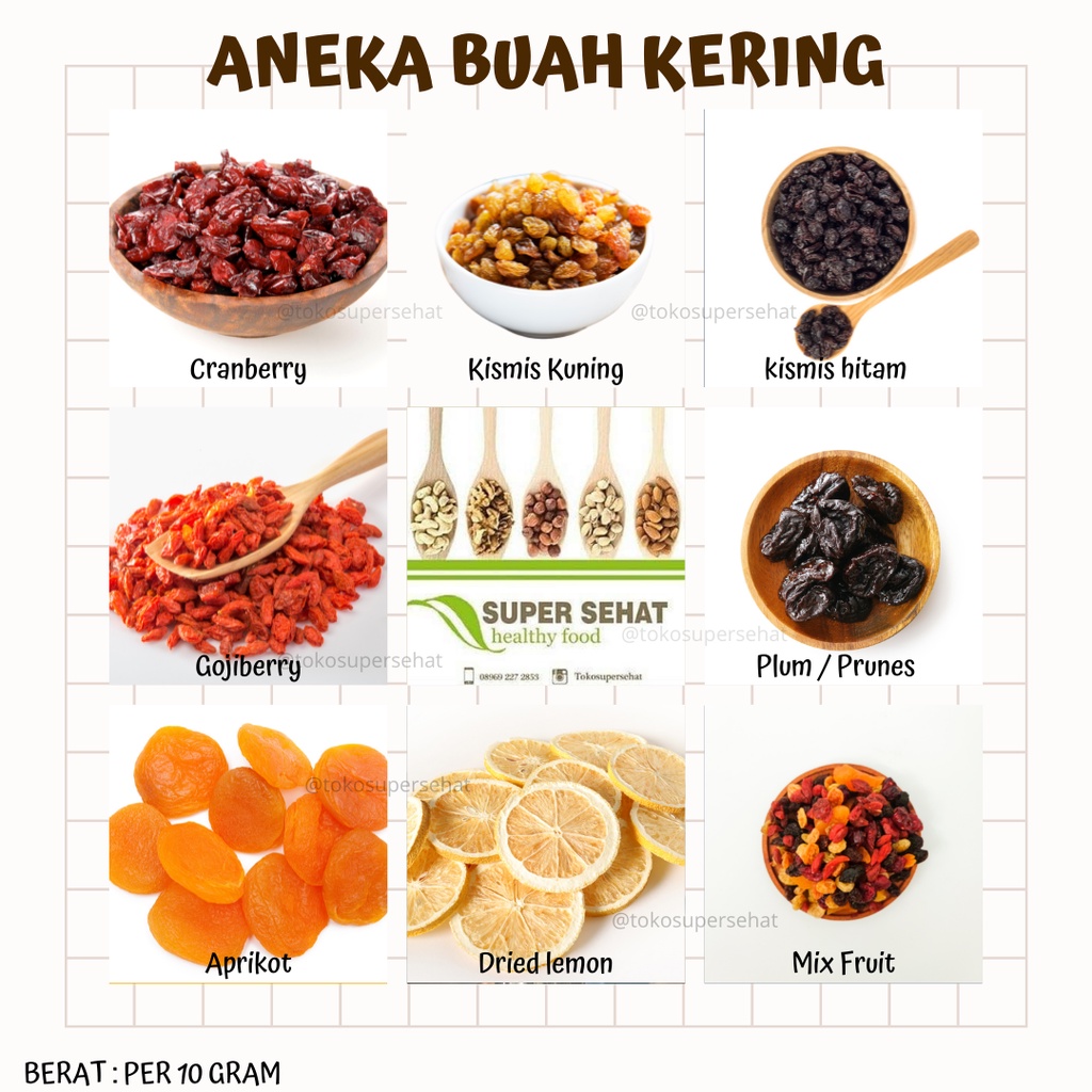 

TERMURAH! Aneka Buah Kering Lengkap Cranberry Kismis Kuning Golden Raisin Cranberries Kismis Hitam Raisin Gojiberry Kiche Gojiberi Plum Prunes Pitted Plum Aprikot Apricot Pitted Prune